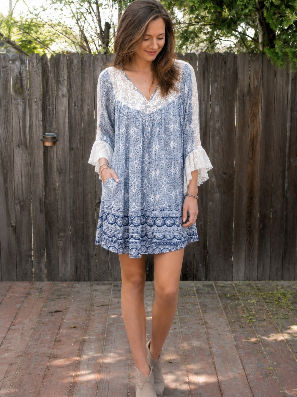 Umgee Boho Paisley Lace-Yoke Mini Dress Tunic Top, EUC. P2P 21”. Oversized Small